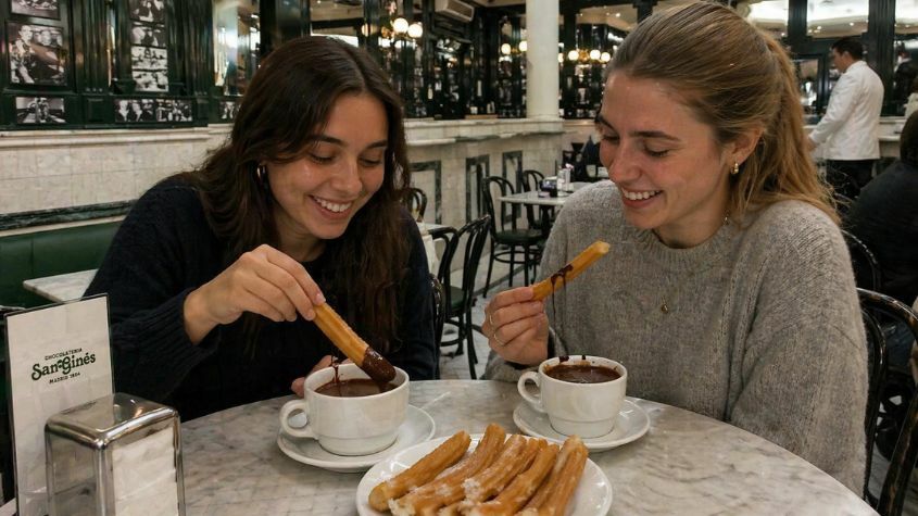 Dos amigas comiendo churros con chocolate en una cafetería de Madrid