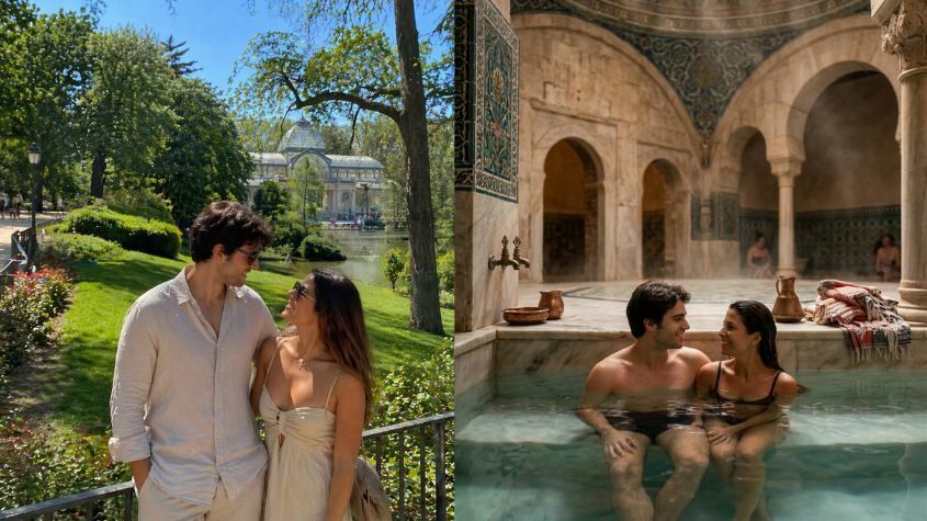 Pareja en el Parque del Retiro de Madrid y en los baños Hammam
