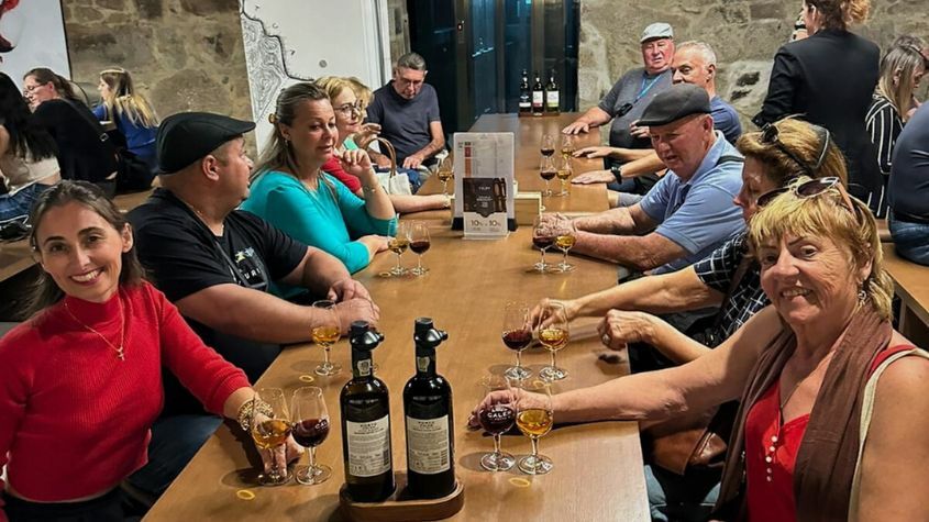 Grupo de amigos em prova de vinhos com guia da Living DMC