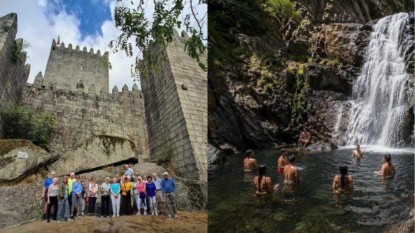 Grupo turistas no Castelo de Guimarães e grupo de turistas em cascata no Gerês com a Living DMC