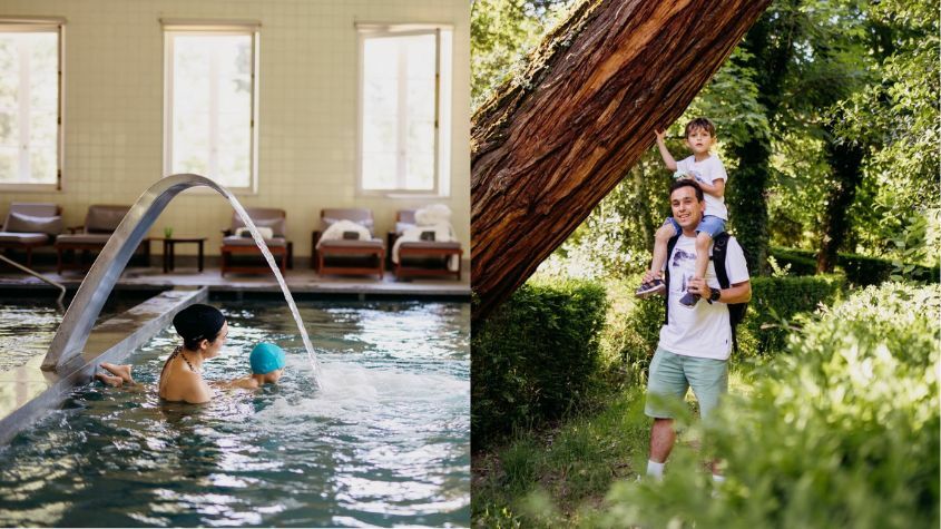 Familia com bebe em piscina termal e pai com filho a brincar na natureza em Pedras Salgadas