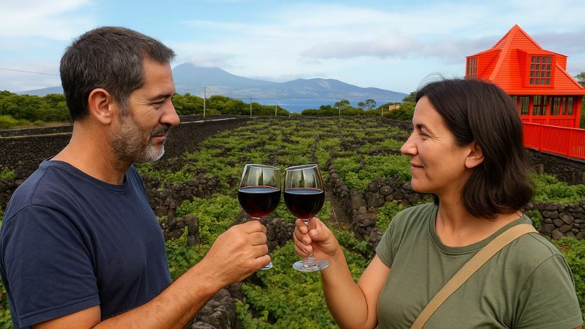 Turistas a provarem o vinho do Pico